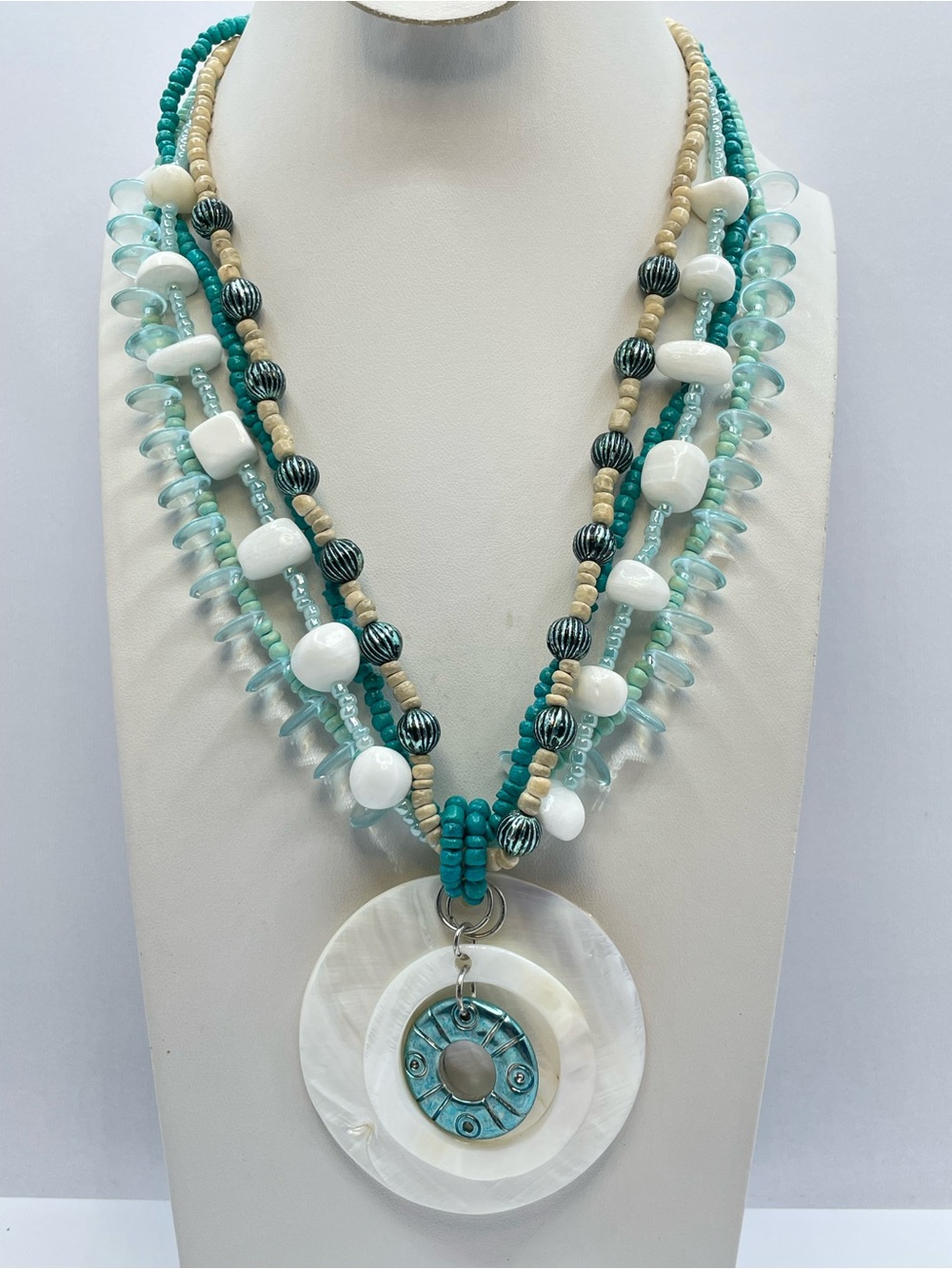 Mother Of Pearl Disc Multi Strand Beaded Beach Statement Necklace Boho Bold